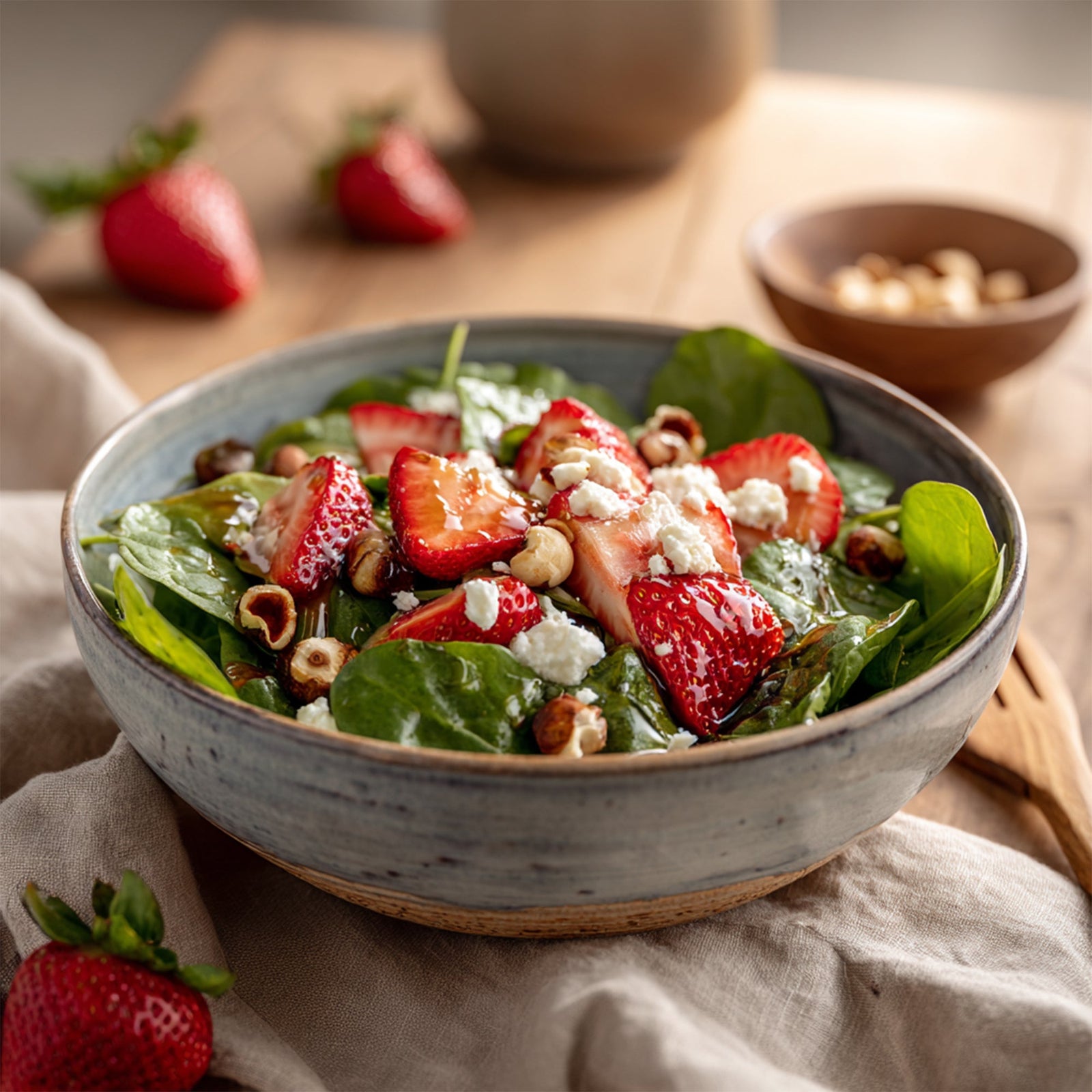 Spinach Salad With Hazelnuts, Strawberries & Goat Cheese
