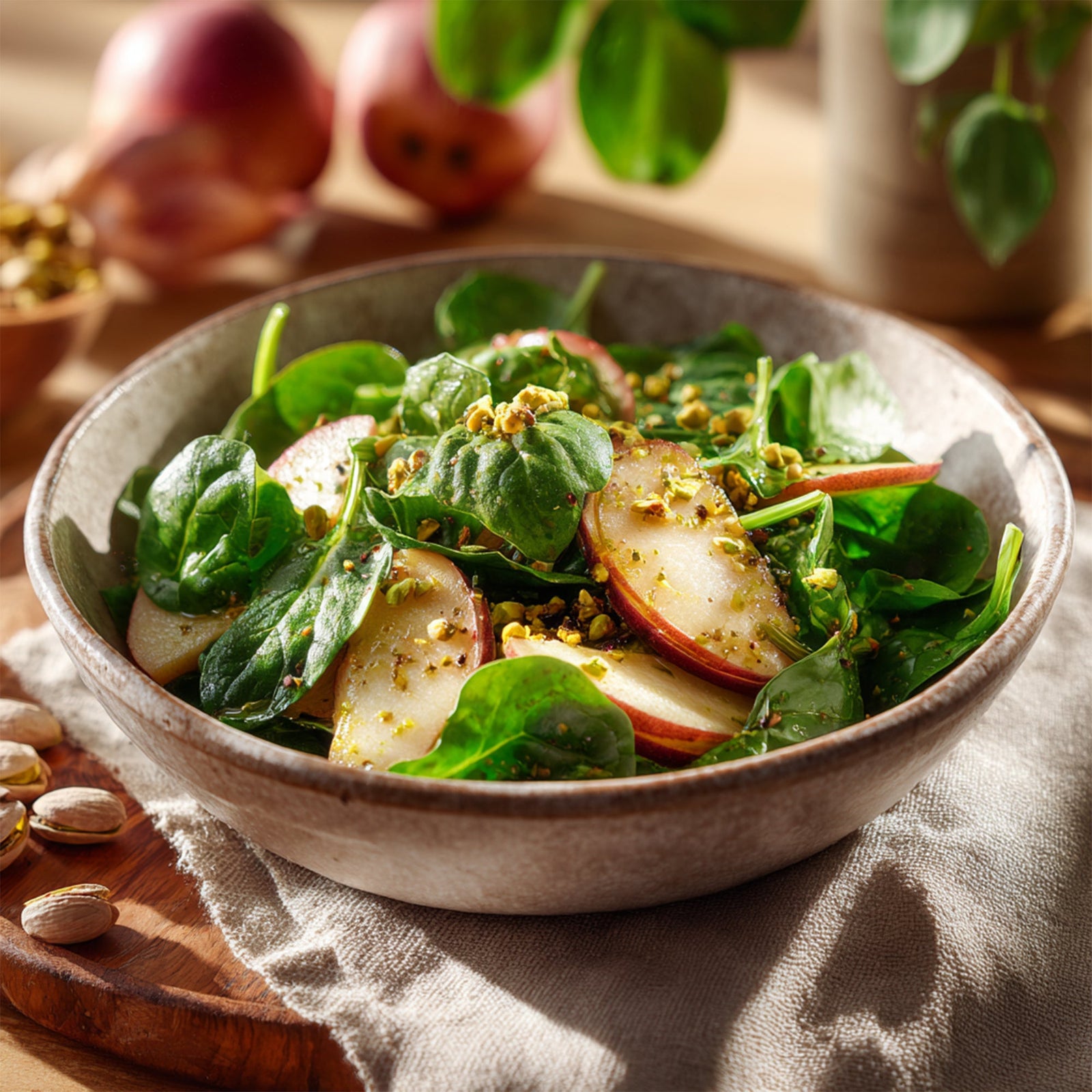 Warm Apple & Pistachio Spinach Salad