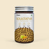 Soultatva Organic Flax Seeds Tangy Turmeric 100gm front pack jar, roasted flax seeds with turmeric and lemon, an omega-3 rich nutrient-dense snack