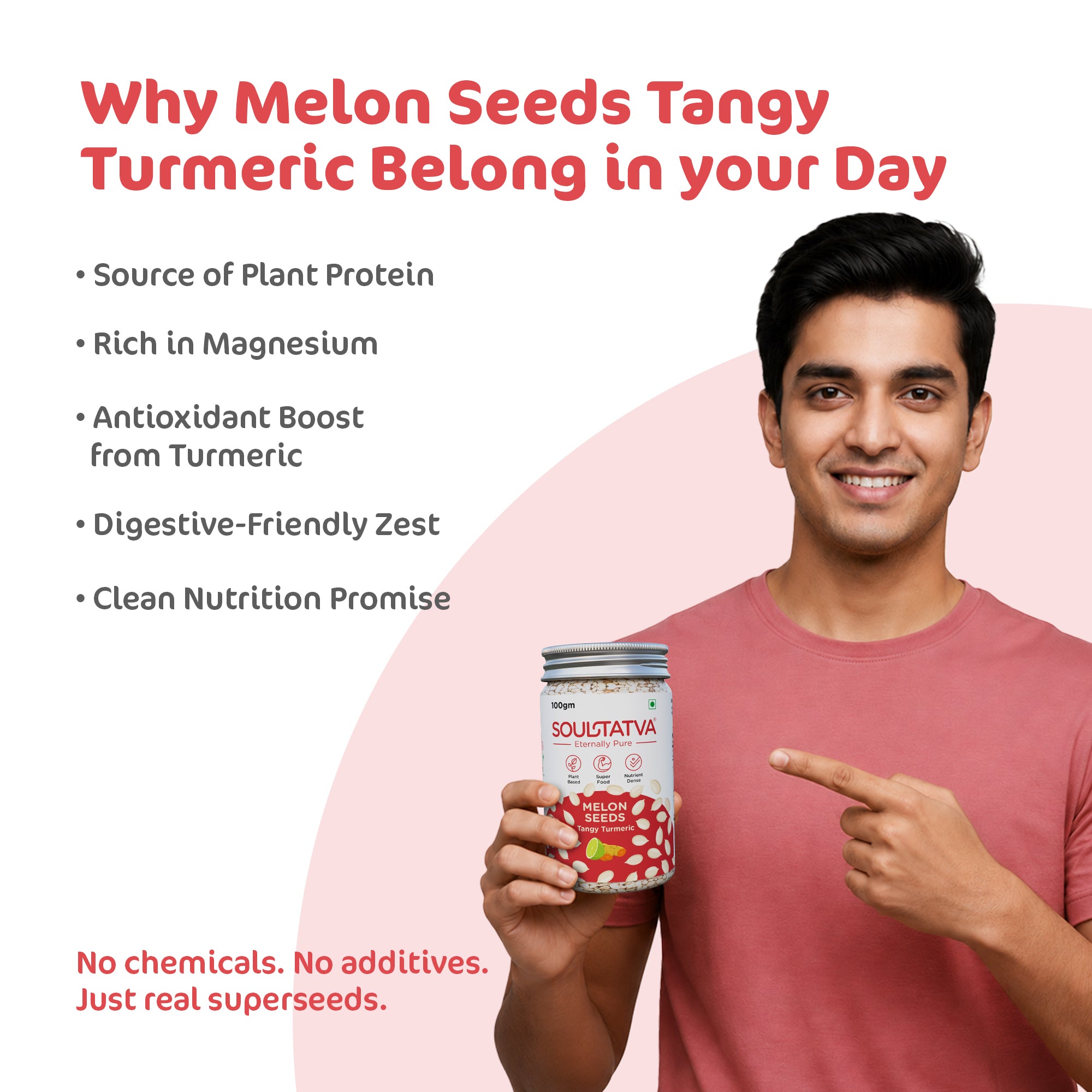 Soultatva Melon Seeds Tangy Turmeric benefits infographic — source of plant protein, rich in magnesium, antioxidant boost from turmeric