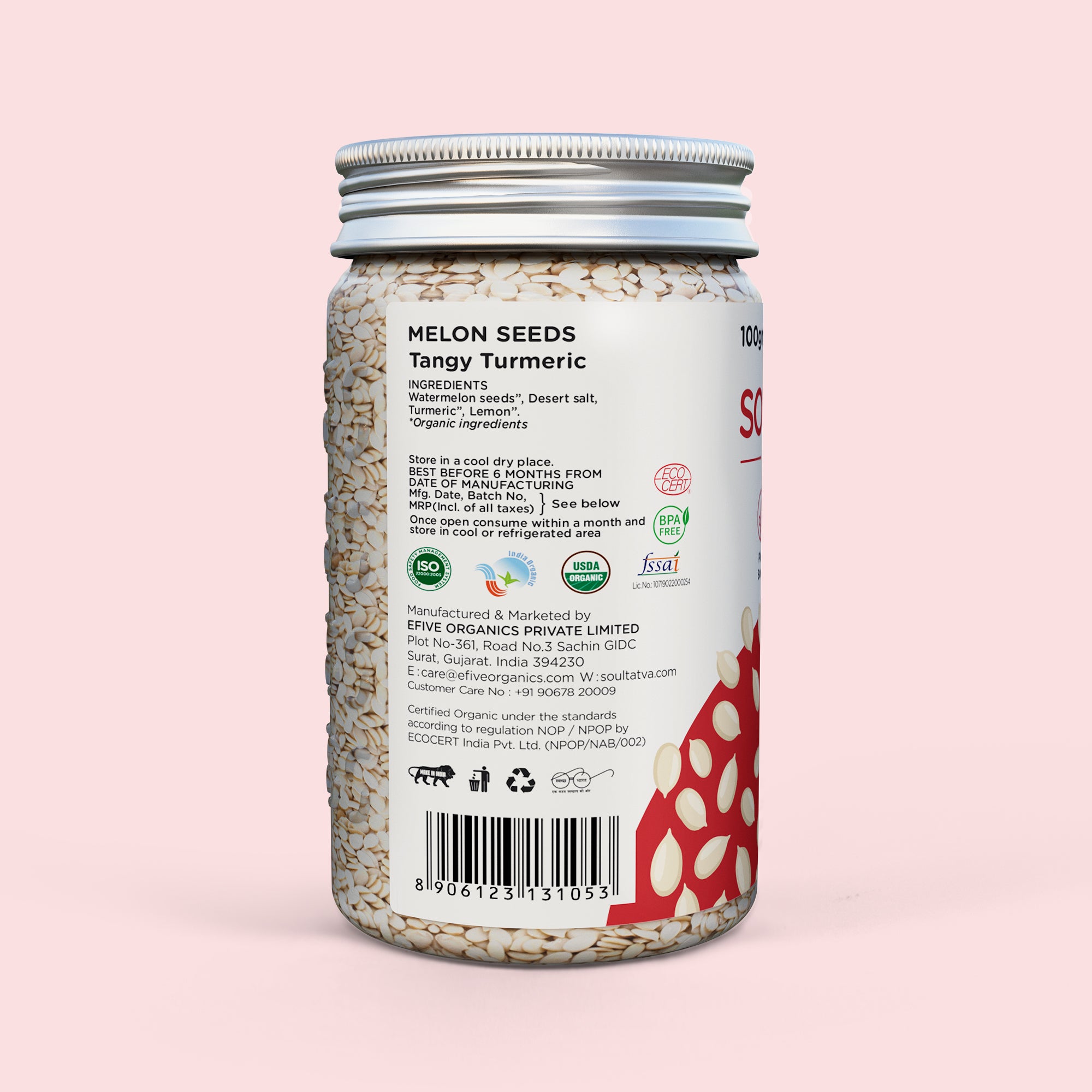 Soultatva Melon Seeds Tangy Turmeric 100gm back label listing organic ingredients, watermelon seeds, turmeric and lemon, USDA Organic certification