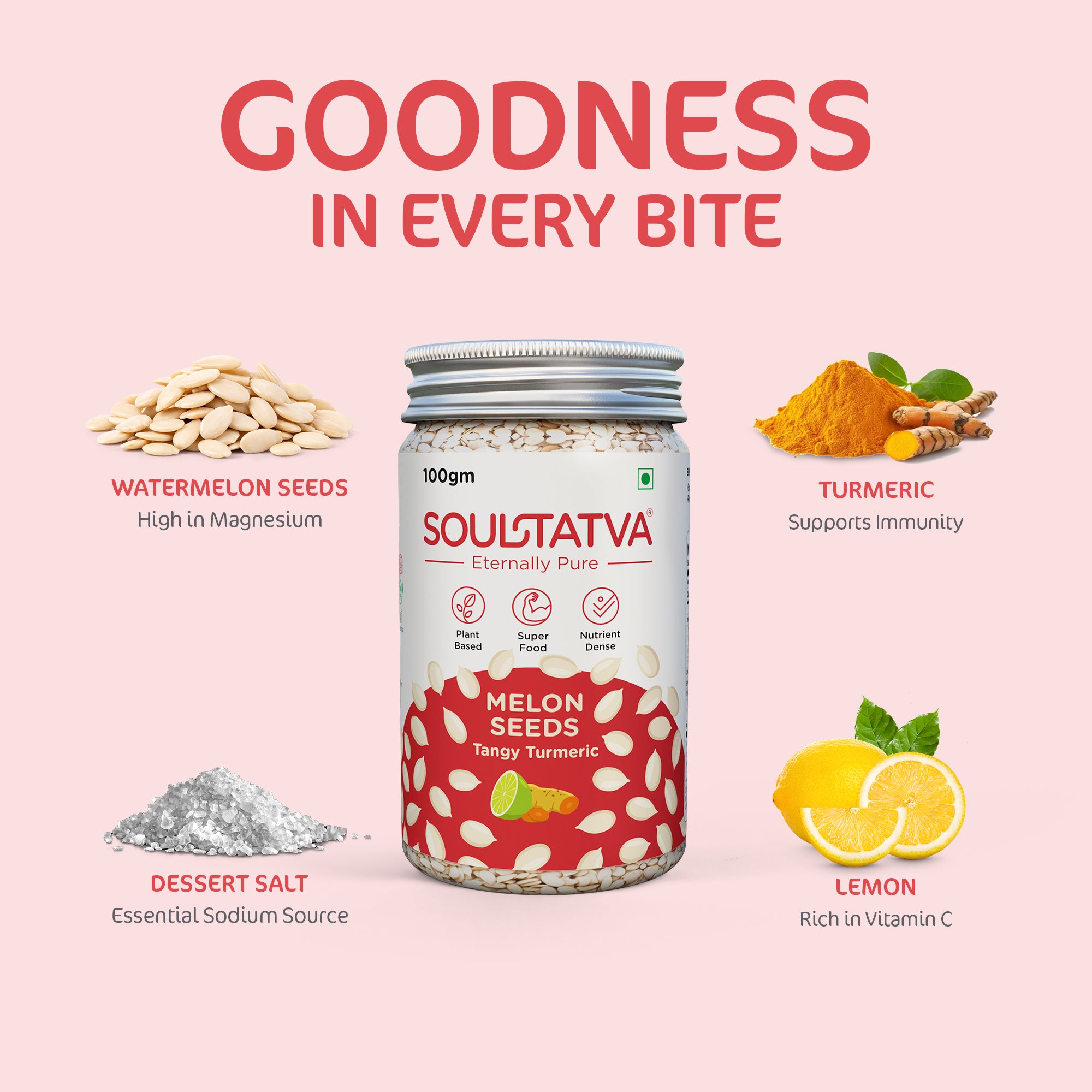 Soultatva Melon Seeds Tangy Turmeric goodness in every bite — watermelon seeds high in magnesium, turmeric for immunity, lemon rich in vitamin C