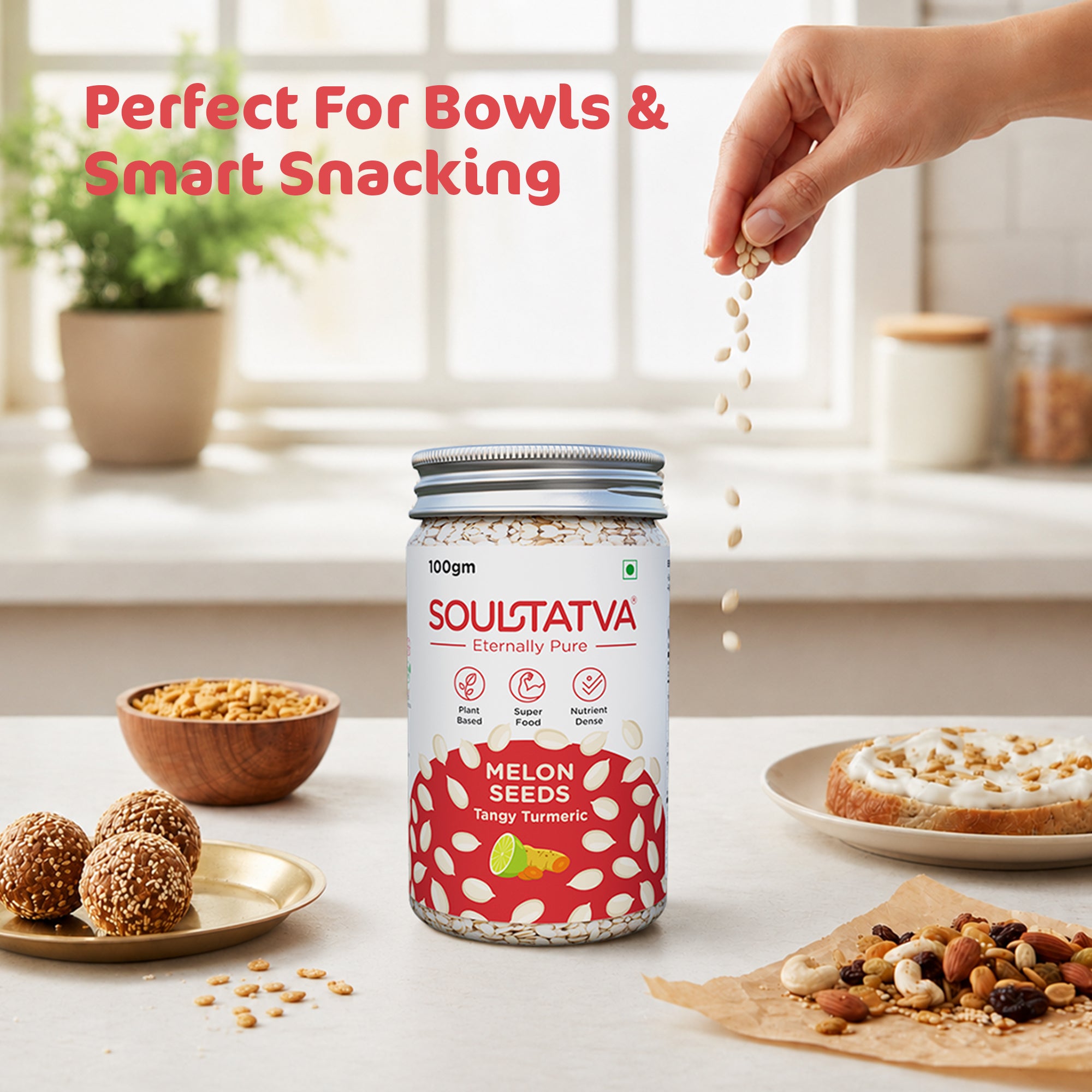 Soultatva Melon Seeds Tangy Turmeric 100gm sprinkled over kitchen bowls, perfect for smart snacking, energy bites, toast toppings, and trail mixes