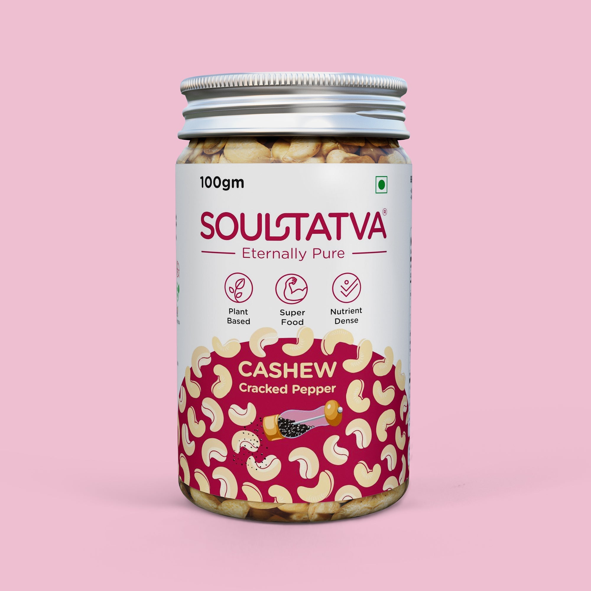 Soultatva Organic Cashew Cracked Pepper 100gm front pack jar, roasted cashews seasoned with black pepper and lime, a nutrient-dense plant-based snack