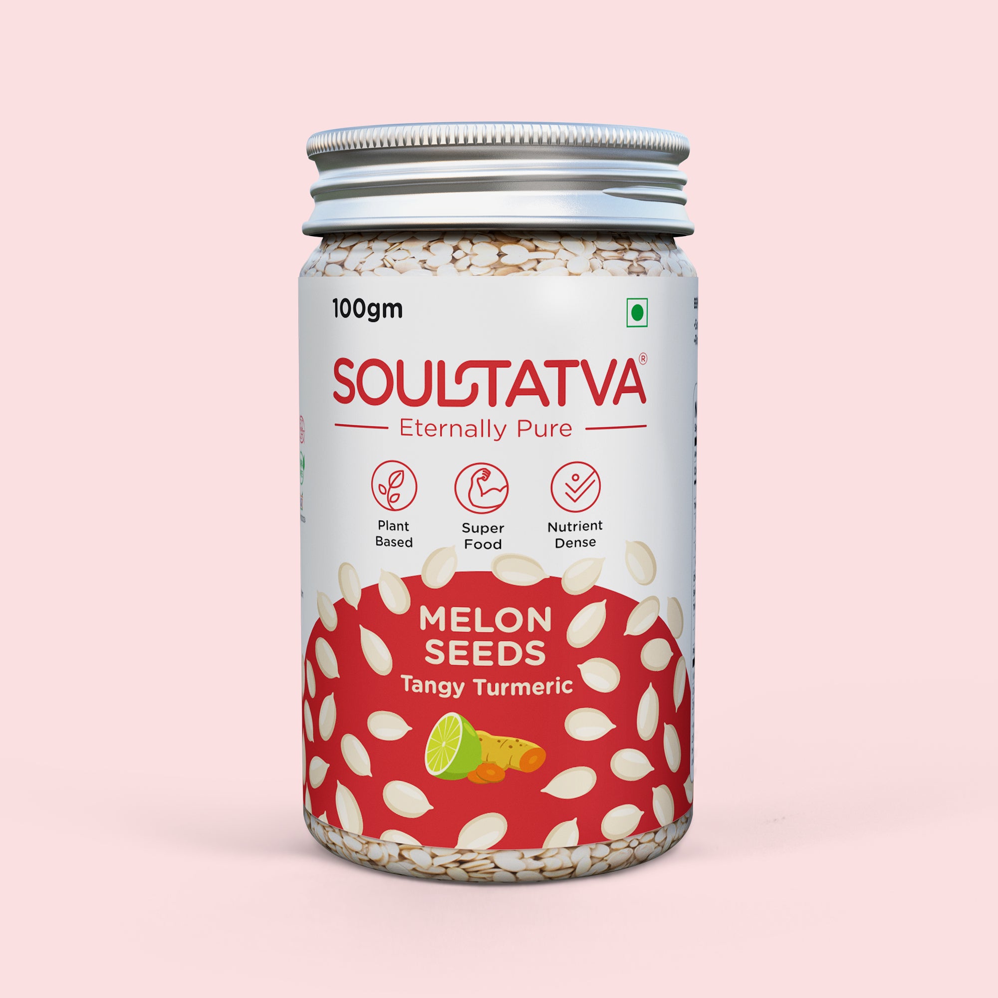 Soultatva Organic Melon Seeds Tangy Turmeric 100gm front pack jar, roasted watermelon seeds with turmeric and lemon, a nutrient-dense snack
